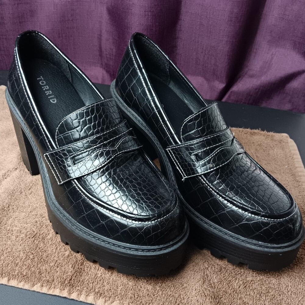Torrid Croco Platform Heeled Loafers Womens 11.5 WW Black Chunky Goth Schoolgirl - Picture 2 of 9